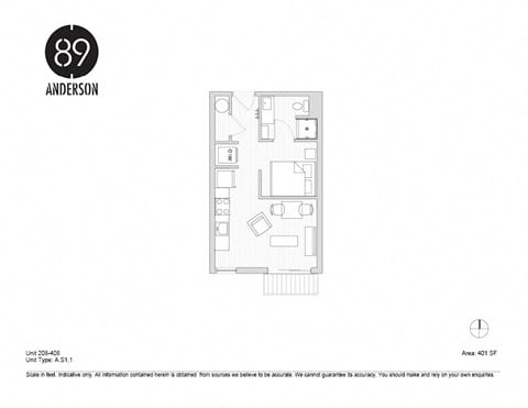 Floor plan for studio, 1 bath, 401 sqft
